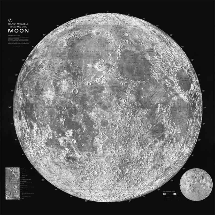 Poster Carte de la Lune, noir et blanc (anglais)