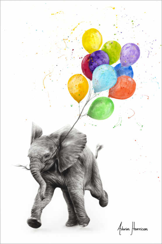 Poster Éléphanteau avec des ballons