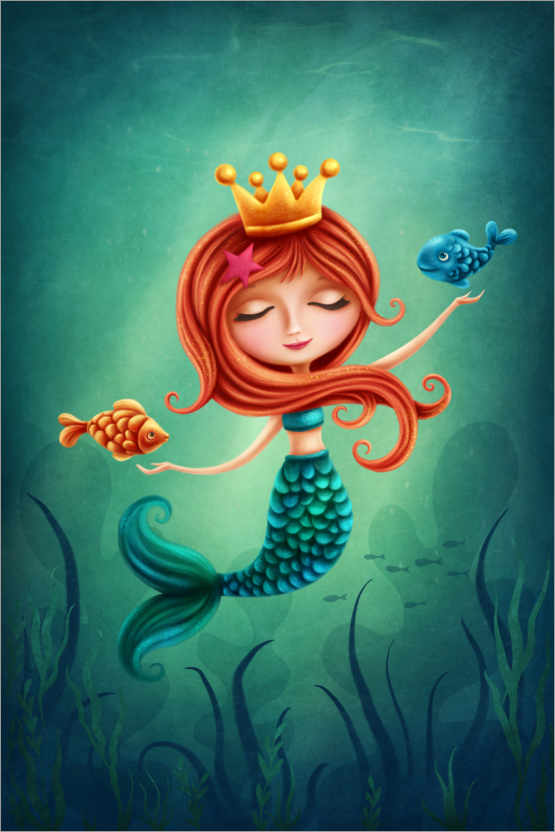 Poster Sirène jouant avec des poissons