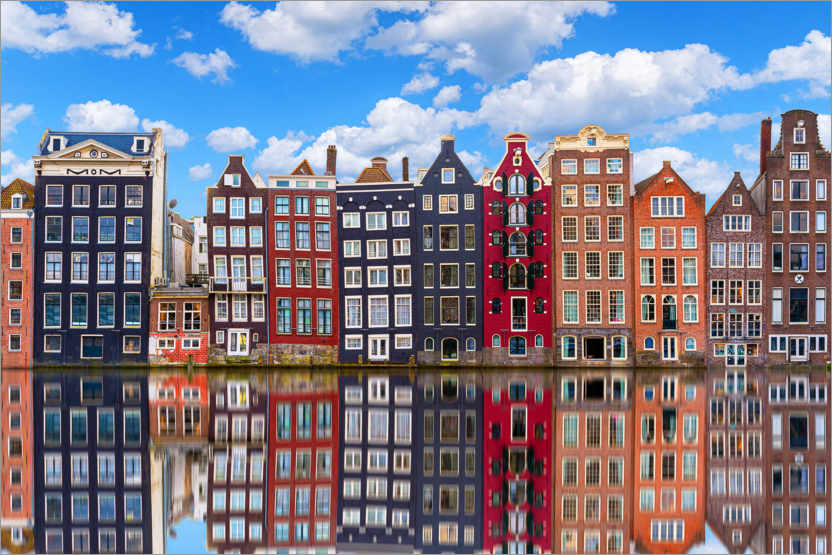 Poster Les maisons se reflétant sur le canal, Amsterdam