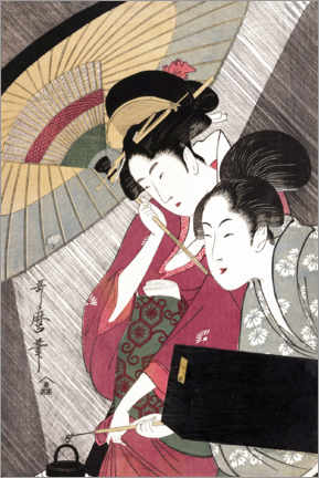 Tableau en bois  Geisha et son accompagnatrice lors d'une nuit pluvieuse - Kitagawa Utamaro