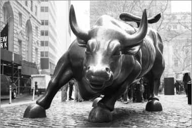 Tableau en verre acrylique  Taureau de Wall Street à Lower Manhattan, noir et blanc