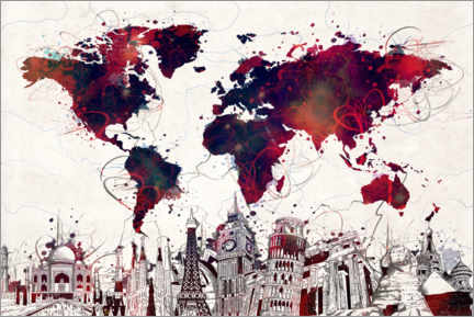Tableau en aluminium  Carte du monde et skyline rouge - Bekim Mehovic