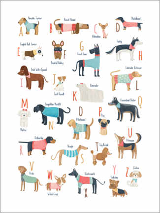 Tableau en bois  Dogs with clothes alphabet - Marta Munte