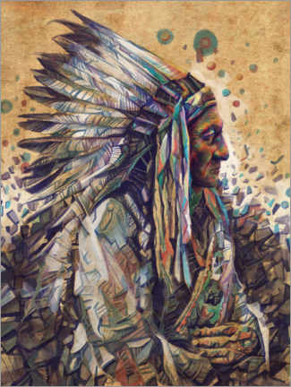 Tableau en verre acrylique  Portrait d'art indigène de taureau assis 2 - Bekim Mehovic