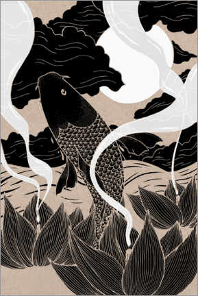 Poster  Contre-courant - poisson japonais et lotus - Chromakane