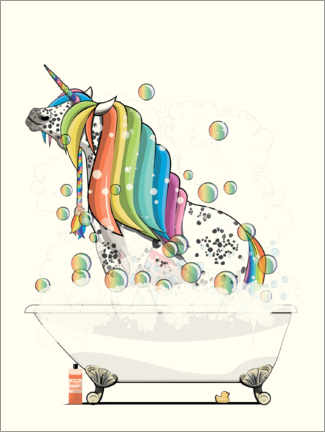 Poster Licorne dans le bain, cheveux arc-en-ciel