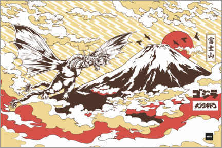 Tableau en bois  King-Gidorah flying to Fuji