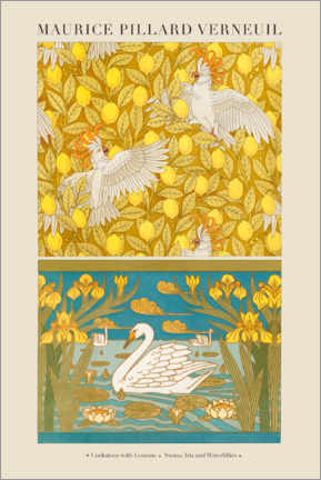 Sticker mural  Design for Wallpaper: Cockatoos with Lemons, Swans, Iris and Water Lilies - Maurice Pillard Verneuil