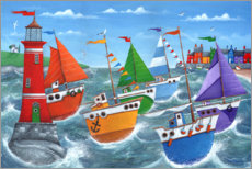 Tableau en bois  Phare rouge et bateaux colorés - Peter Adderley