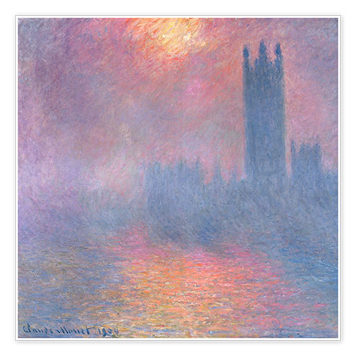 Poster Londres, le Parlement. Trouée de soleil dans le brouillard