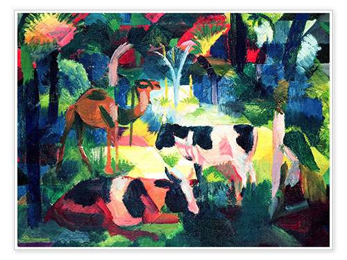 Poster Paysage avec des vaches et un chameau