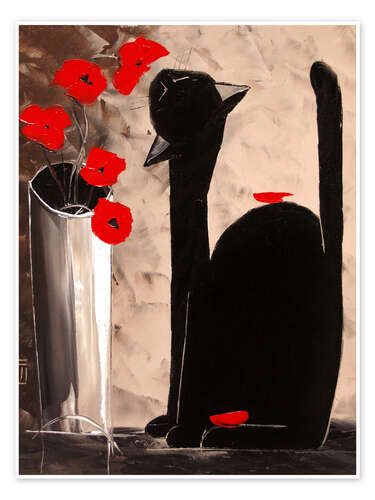 Poster Chat noir et coquelicots