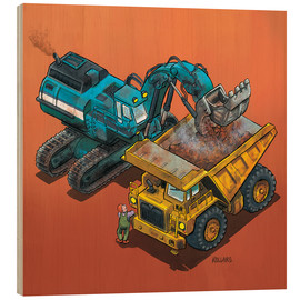 Tableau en bois  Excavator and trucks - Helmut Kollars