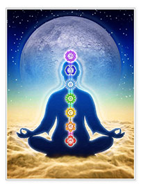 Poster  En méditation avec les chakras devant une lune bleue - Dirk Czarnota