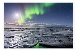 Poster Iceland: Aurora Borealis, Icebergs, Moon and Stars