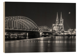 Tableau en bois  Cathédrale de Cologne et pont Hohenzollern la nuit (noir et blanc) - rclassen