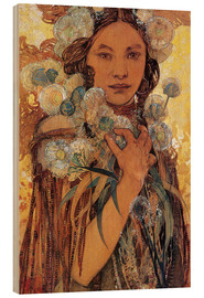 Tableau en bois  Femme amérindienne avec des fleurs et des plumes - Alfons Mucha