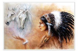 Poster  Indienne d'Amérique avec des chevaux