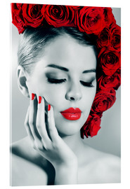 Tableau en verre acrylique  Dame aux roses et aux lèvres rouges
