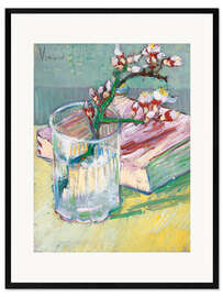 Impression artistique encadrée  Floraison de branche d'amandier dans un verre avec un livre - Vincent van Gogh