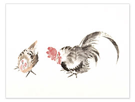 Poster  Coq et poule - Katsushika Hokusai