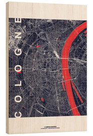 Tableau en bois  Carte de Cologne la nuit - campus graphics